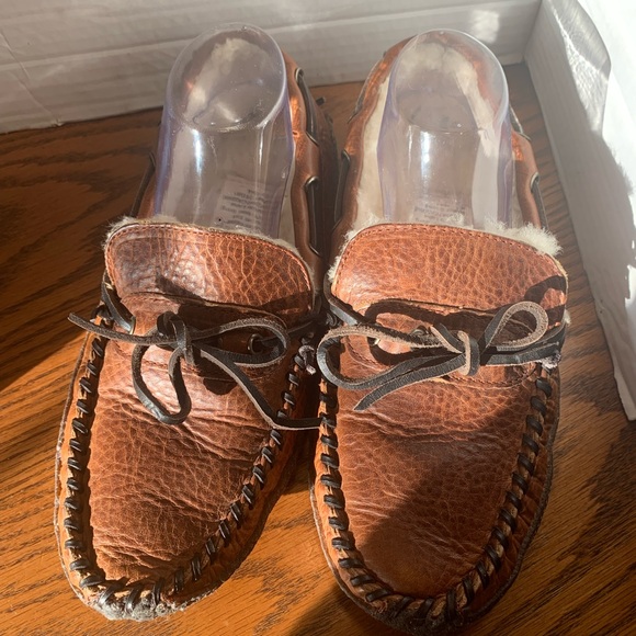 Eddie Bauer, Cozy Brown Leather Moccasins with Laces Men’s Size 9 Leather wool - Picture 2 of 12